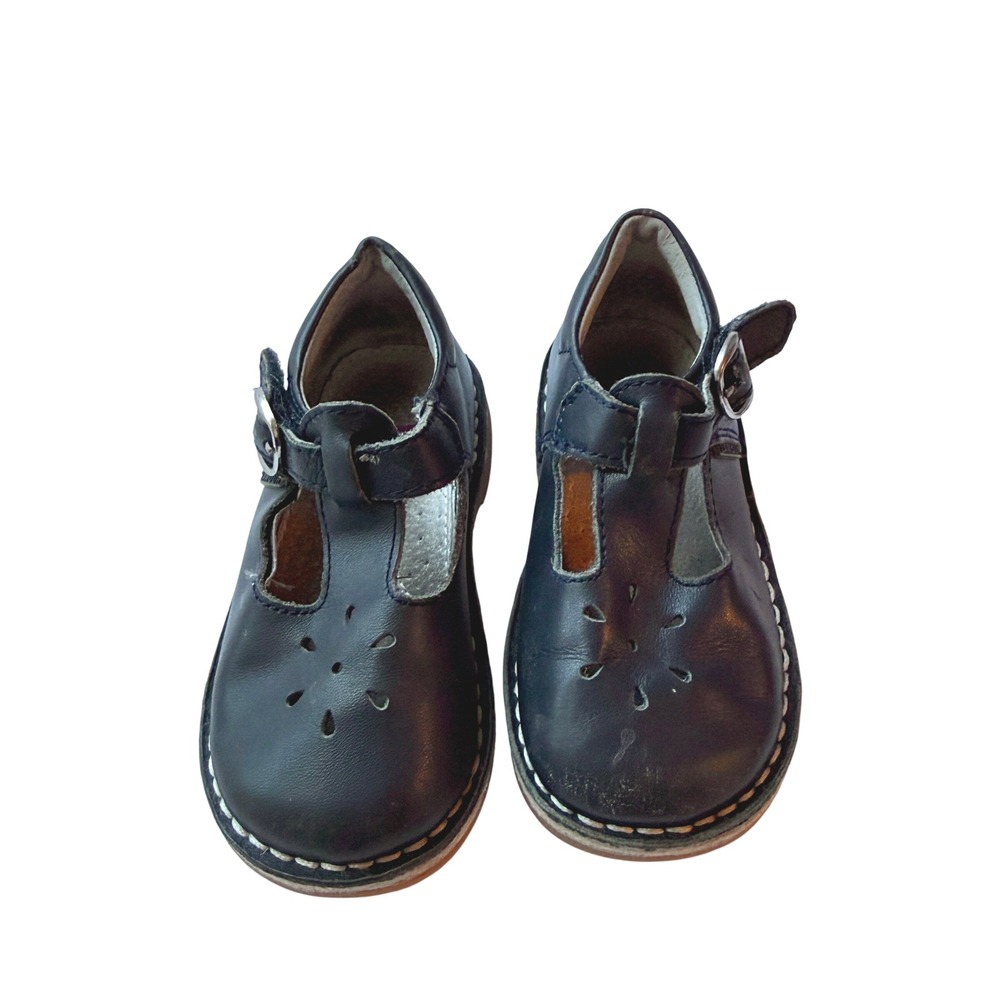 L'Amour Toddler Girls Navy Blue Leather T-Strap Flower Shoes Size 7 Style 721